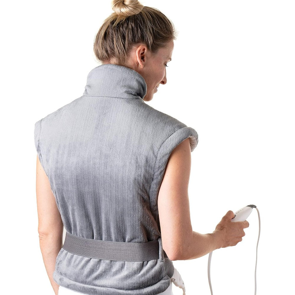 Pure Enrichment PureRelief XL Extra Long Back And Neck Heating Pad front view showing plush gray fabric drape design