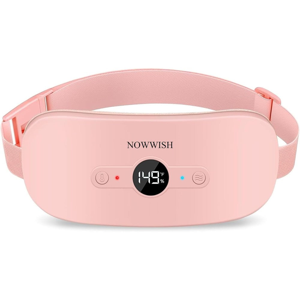 NOWWISH portable cordless menstrual heating pad front view showing pink design and LED display screen