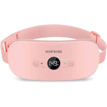 NOWWISH portable cordless menstrual heating pad front view showing pink design and LED display screen