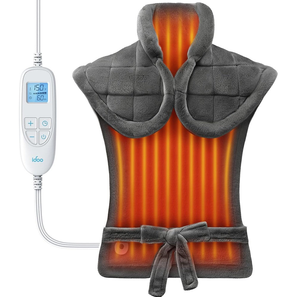 iDOO Weighted Heating Pad front view showing the gray flannel fabric and digital remote controller.