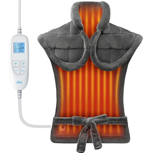 iDOO Weighted Heating Pad front view showing the gray flannel fabric and digital remote controller.