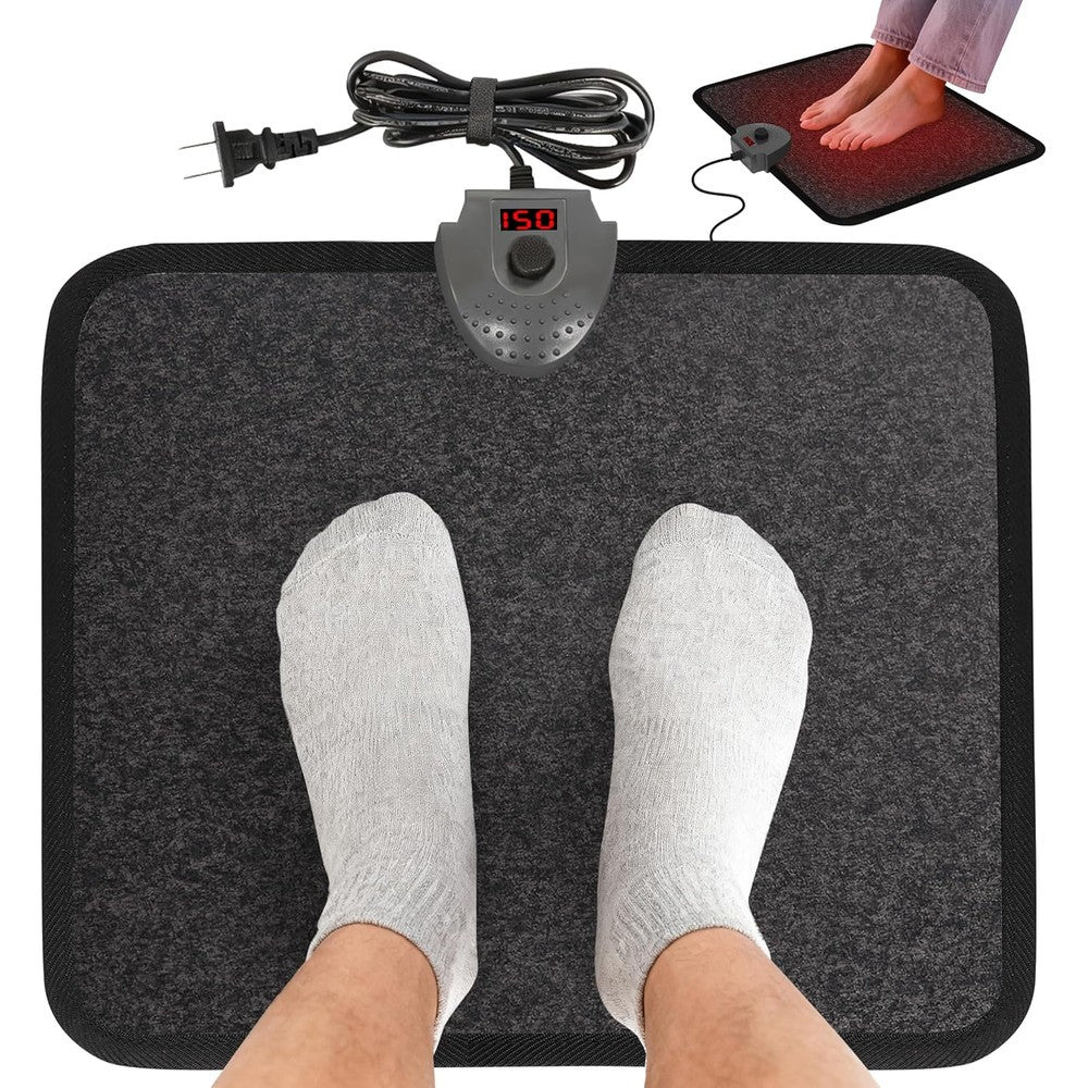 Hodeamy heated floor mat under desk foot warmer front view showing grey felt surface and digital controller