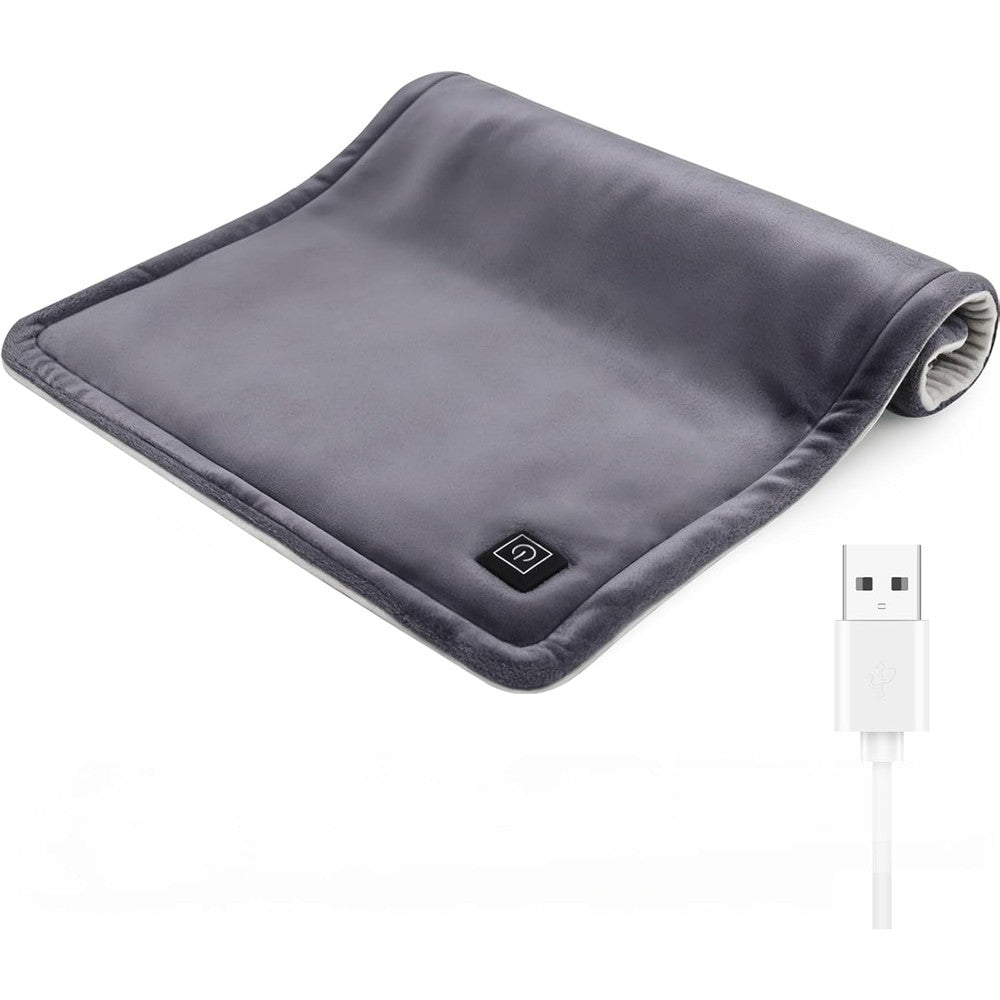 Comfheat USB Heating Pad front view showing the grey fleece fabric and attached power cable.