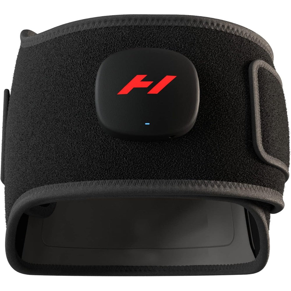 Hyperice Venom 2 Back Wrap front view showing the premium black neoprene design and sleek digital control module for back pain relief.