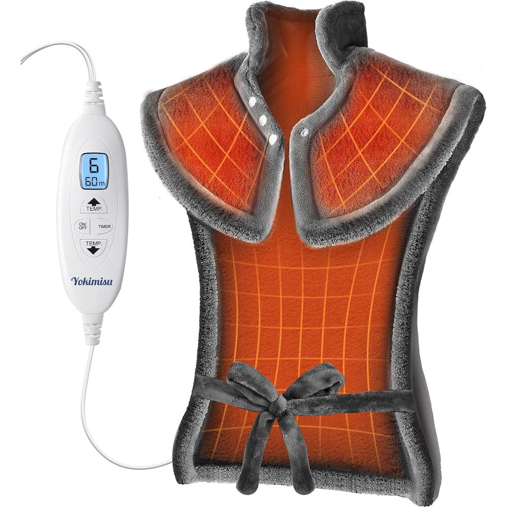 Yokimisu weighted heating pad front view showing the grey wearable wrap design for upper body relaxation.