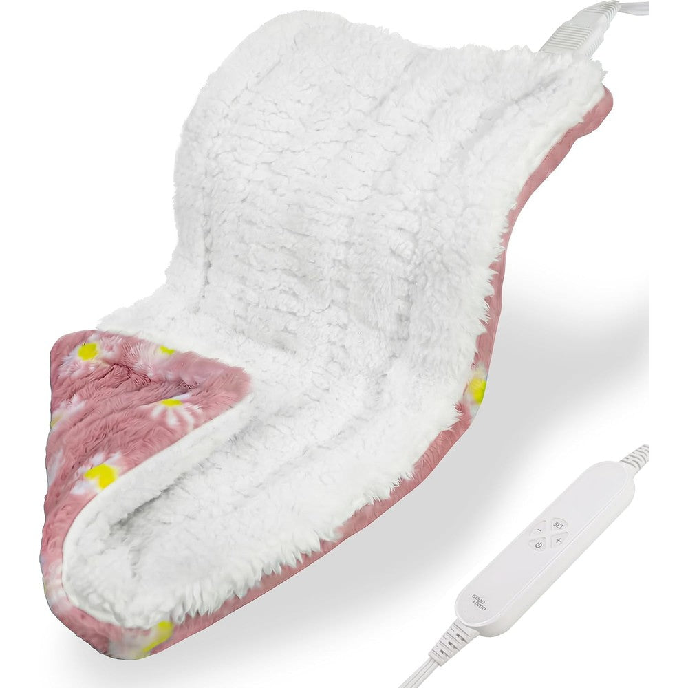 GOQO TOMO Electric Heating Pad front view showing the pink floral pattern and digital controller.