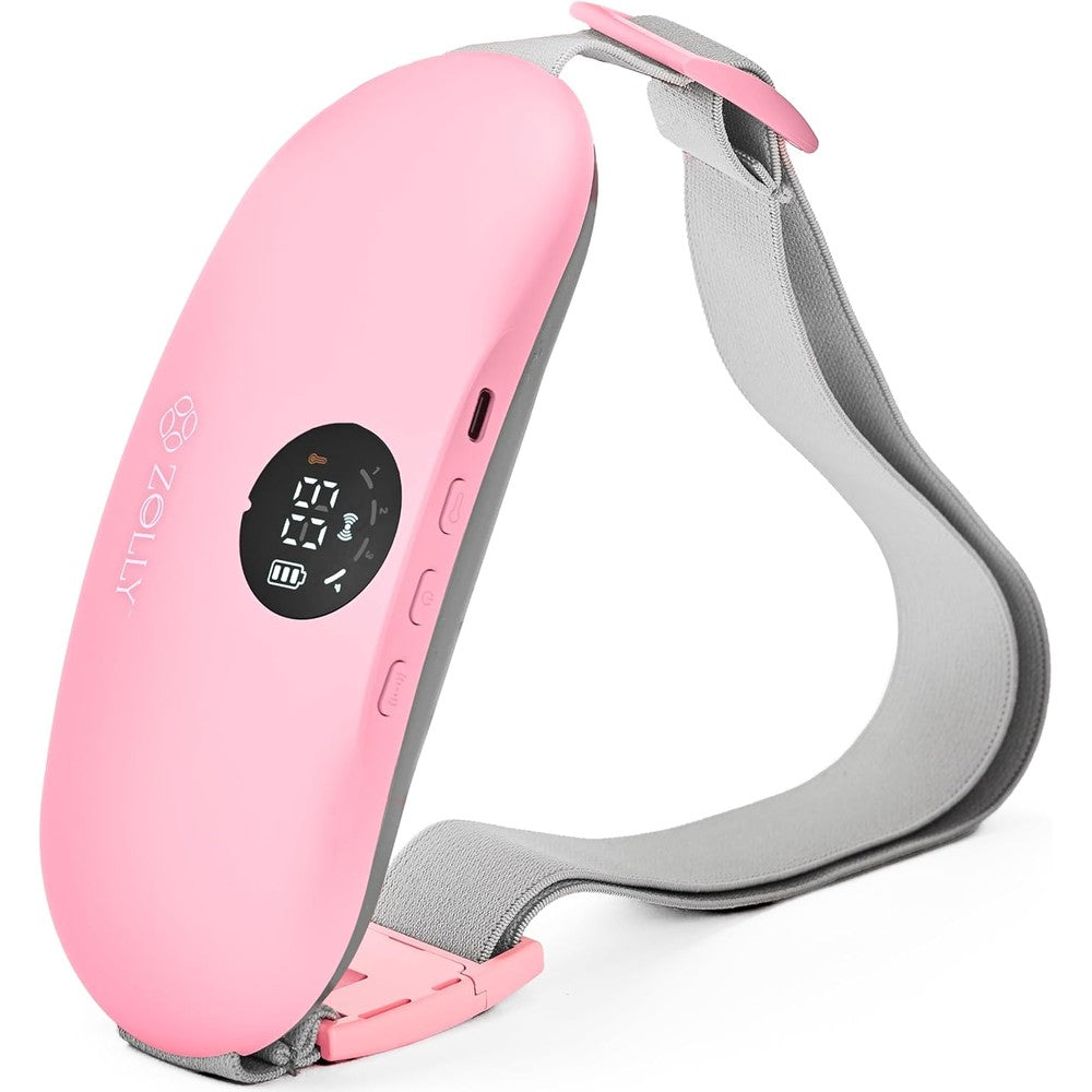 Zolly menstrual heating pad front view showing the pink exterior and digital display screen for period cramps relief
