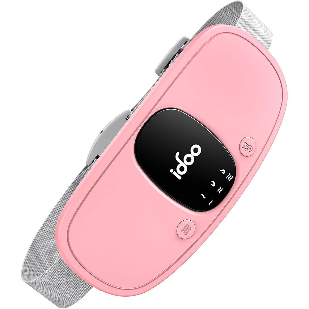 iDOO portable period heating pad in pink front view showing digital display and sleek layout