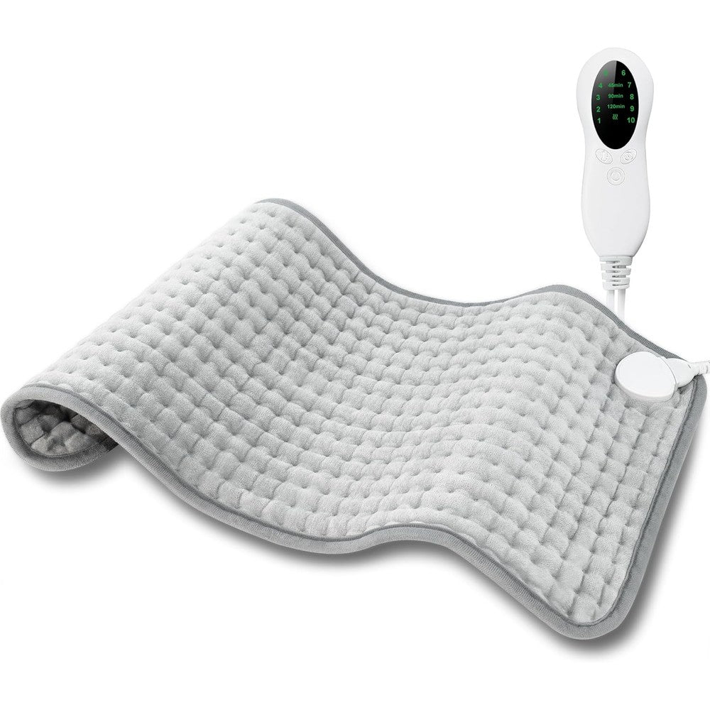 LANVA electric heating pad front view showing the gray velvety material and digital controller for period cramps relief.