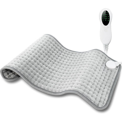 LANVA electric heating pad front view showing the gray velvety material and digital controller for period cramps relief.