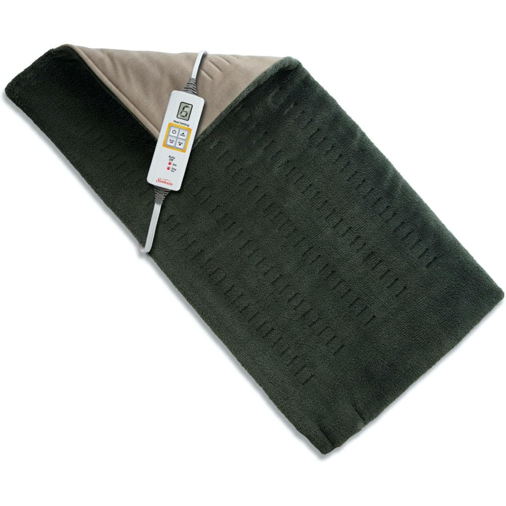 Sunbeam heating pad extra large green front view showcasing plush microplush texture.