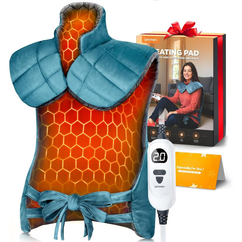 Lenmen graphene infused weighted heating pad front view showing the large wrap on a person