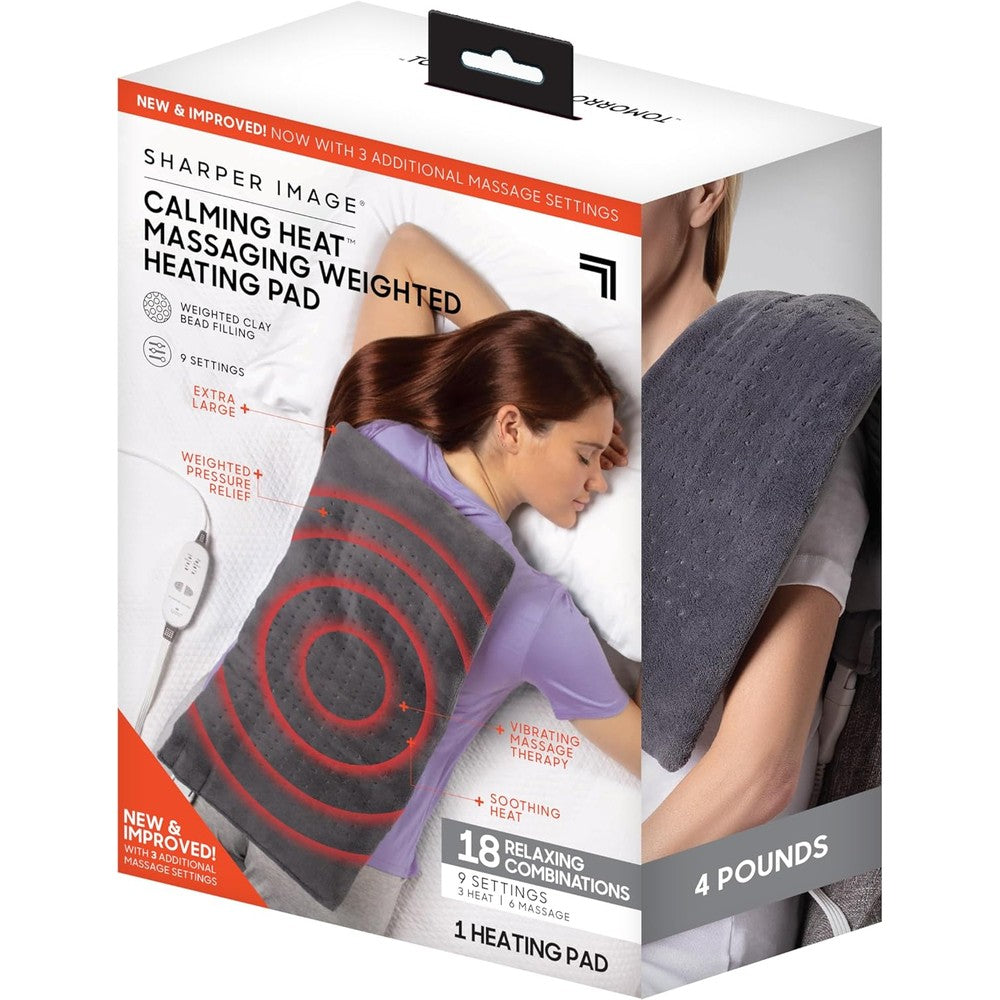 Calming Comfort Sharper Image weighted massaging heating pad front view showing plush grey fabric texture