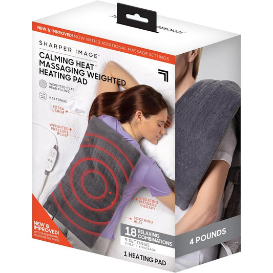 Calming Comfort Sharper Image weighted massaging heating pad front view showing plush grey fabric texture