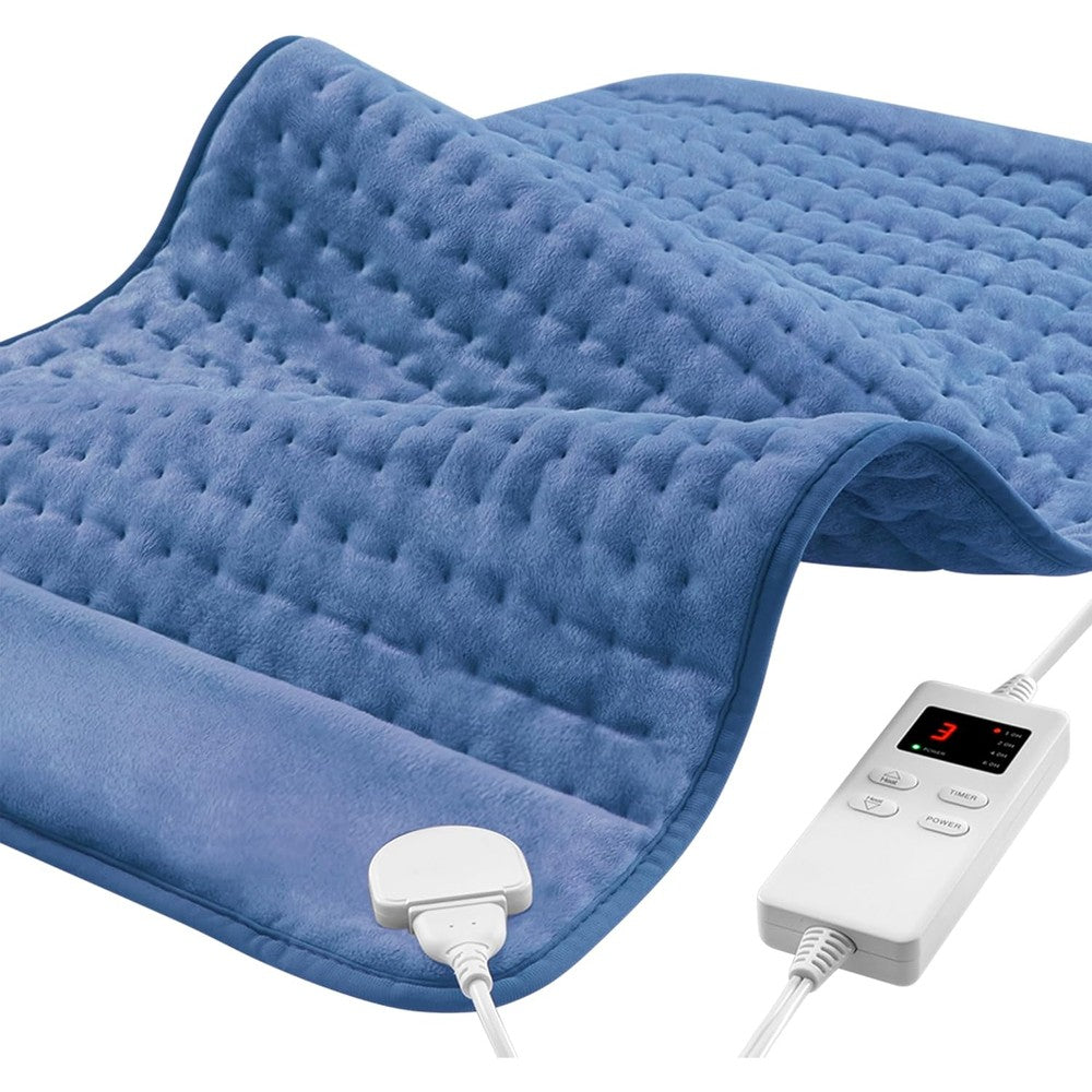 NBKLS electric heating pad in navy blue front view with digital remote controller attached.