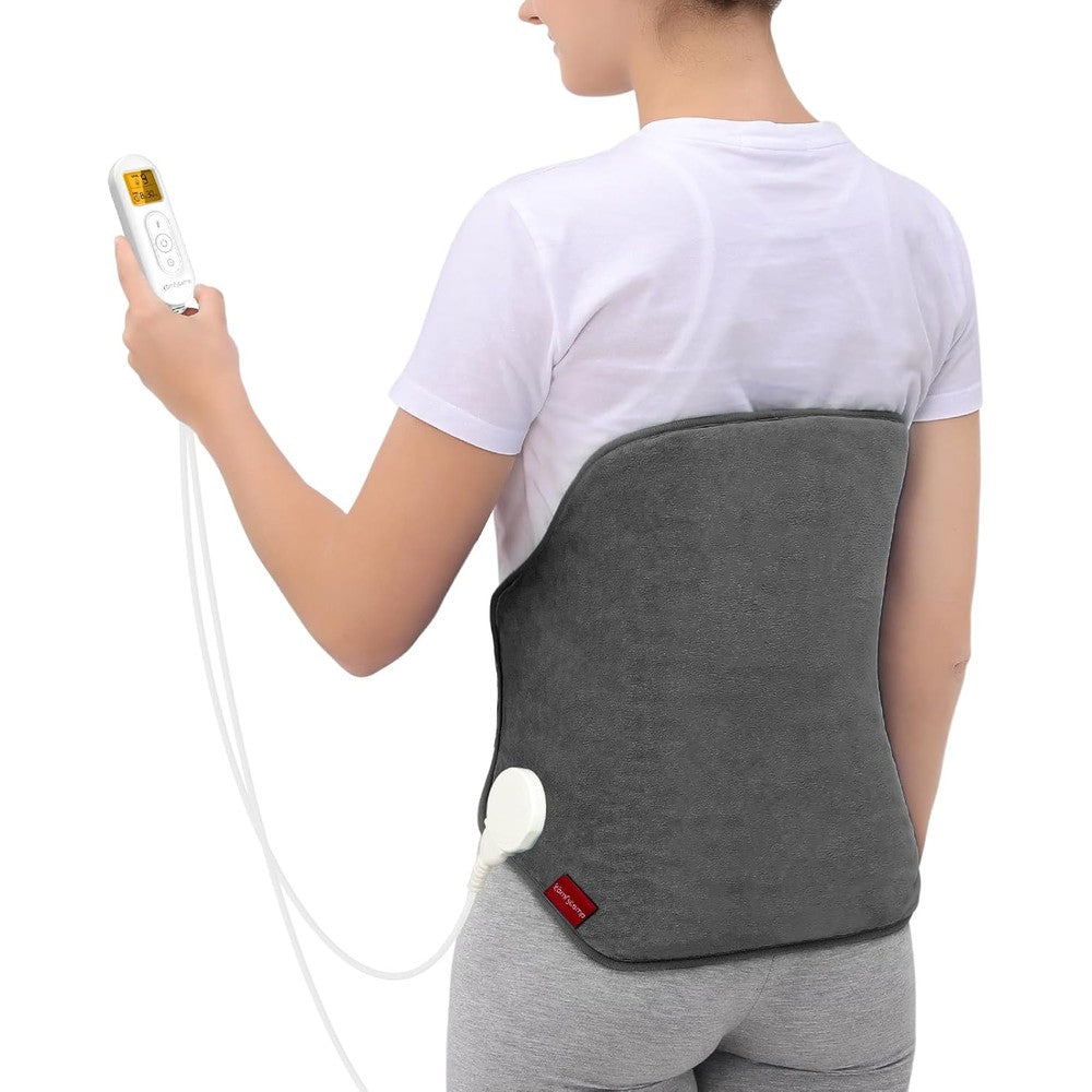 Comfytemp electric heating pad front view showing grey flannel fabric and adjustable waist strap