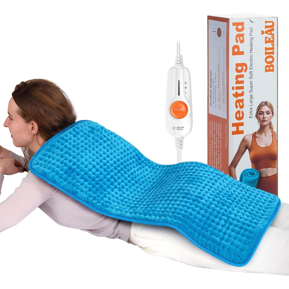 Boileau electric heating pad front view in premium blue fabric showing full king size dimensions.