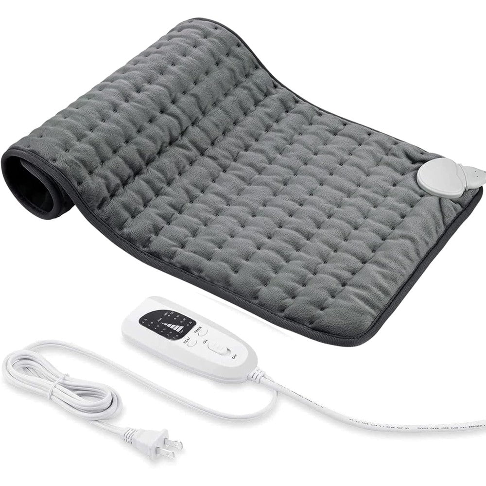 BEAUTIKEN electric heating pad front view showing the dark grey velvet body and digital control switch