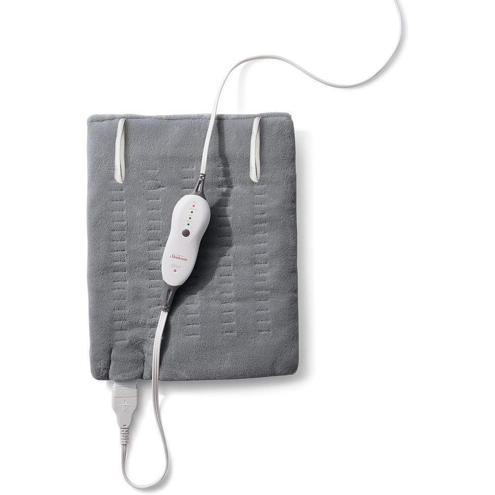 Sunbeam premium heating pad front view in gray plush fabric.