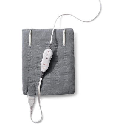 Sunbeam premium heating pad front view in gray plush fabric.