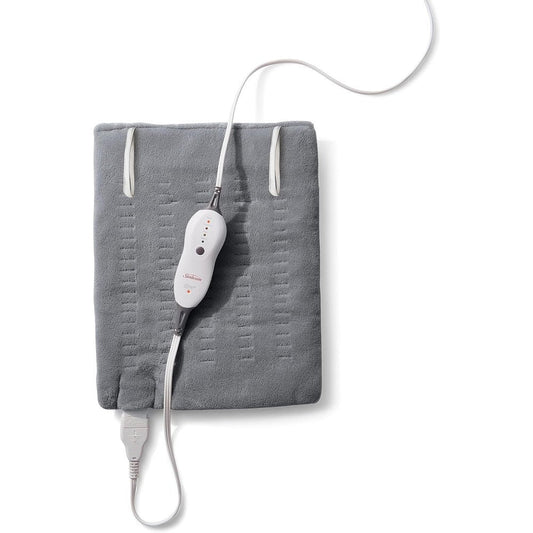 Sunbeam premium heating pad front view in gray plush fabric.