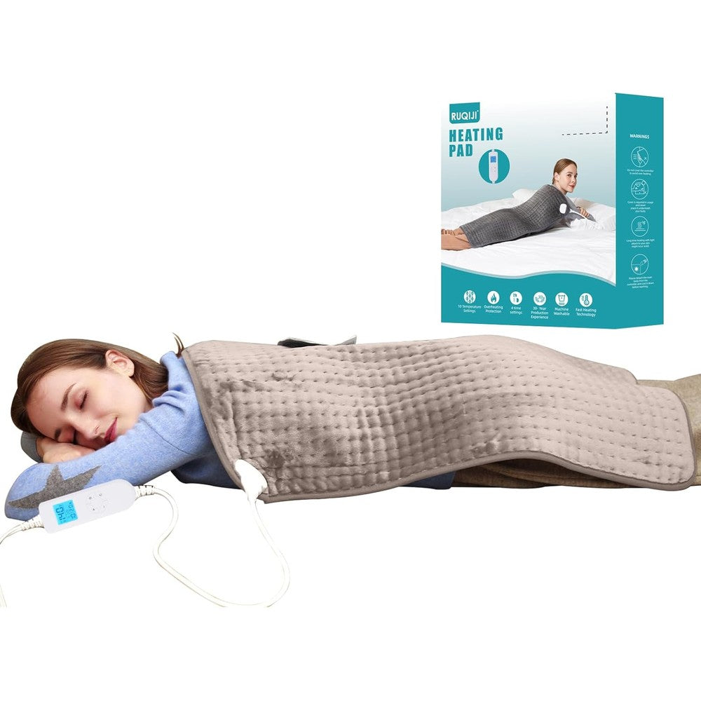 Ruqiji XXXL King Size Heating Pad front view showing light tan flannel fabric and attached LED controller screen