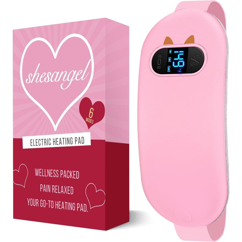 Shesangel portable menstrual heating pad pink front view showing digital temperature display.