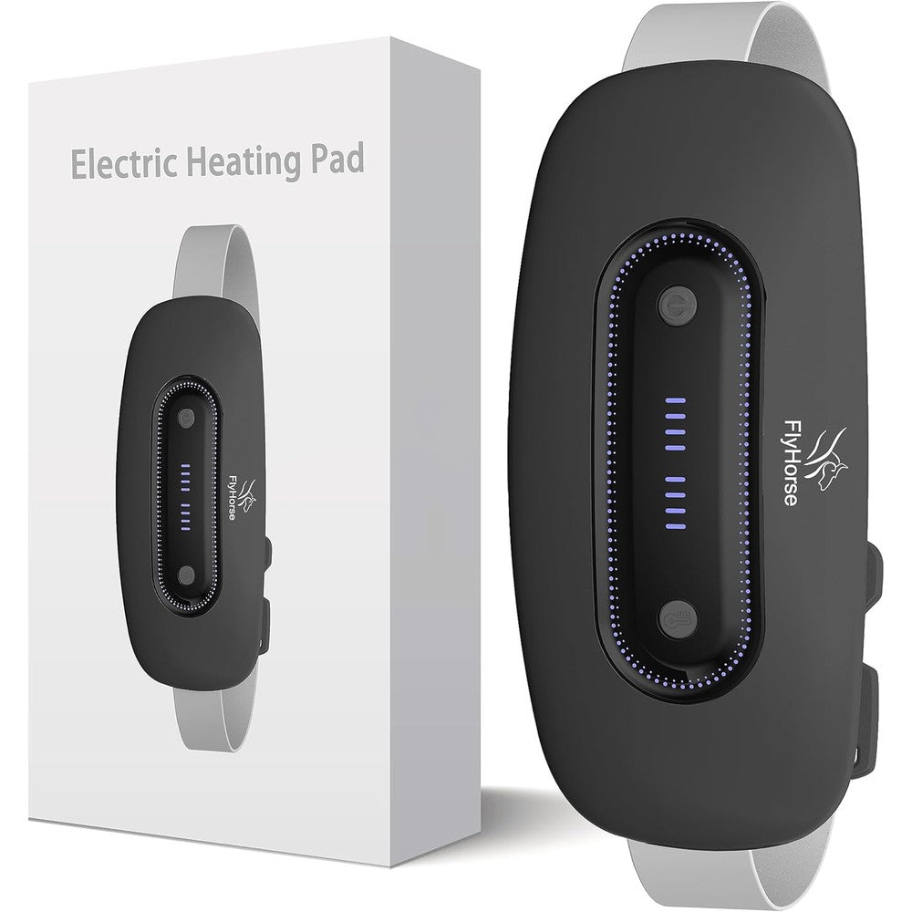 Flyhorse electric menstrual heating pad front view showing sleek black design and digital control panel