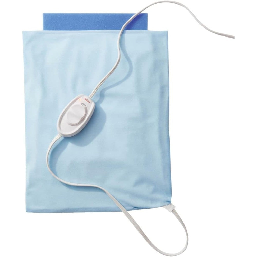 Sunbeam heating pad standard size front view with blue washable cover and slide controller.