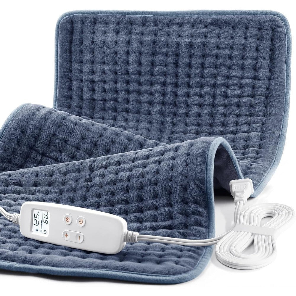 VAAGHANM extra large electric heating pad front view showing plush grey fabric and digital controller.