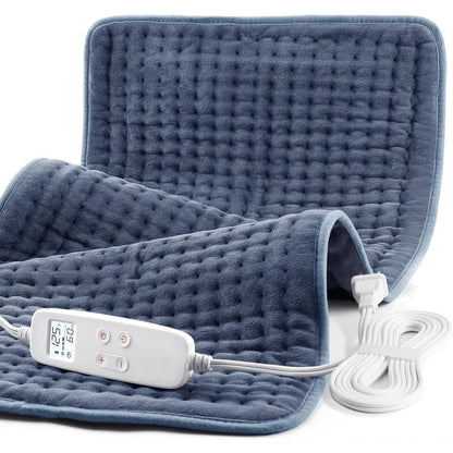 VAAGHANM extra large electric heating pad front view showing plush grey fabric and digital controller.
