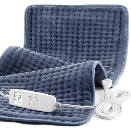 VAAGHANM extra large electric heating pad front view showing plush grey fabric and digital controller.