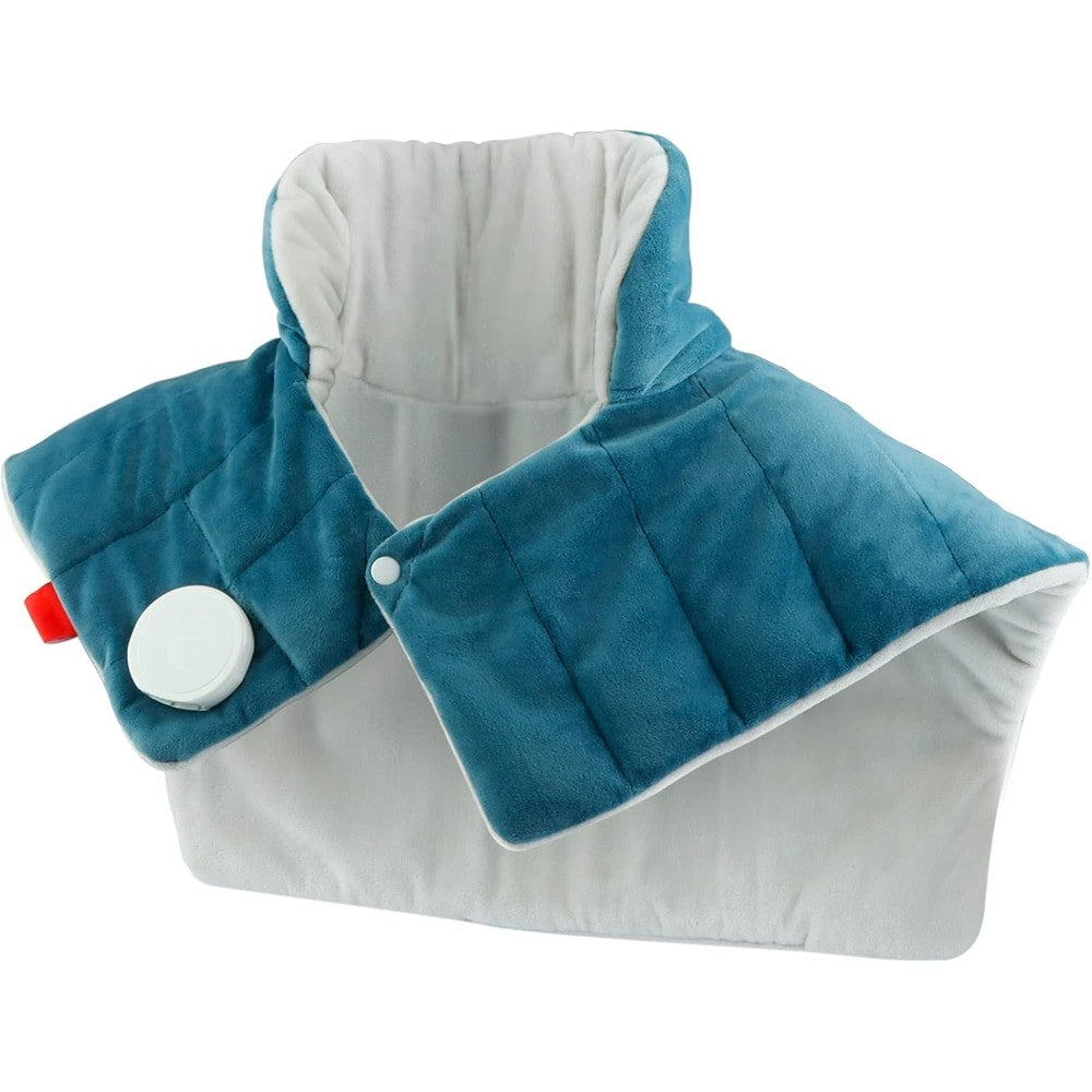 Comfytemp weighted heating pad for neck and shoulders blue front view showing ergonomic wrap design.