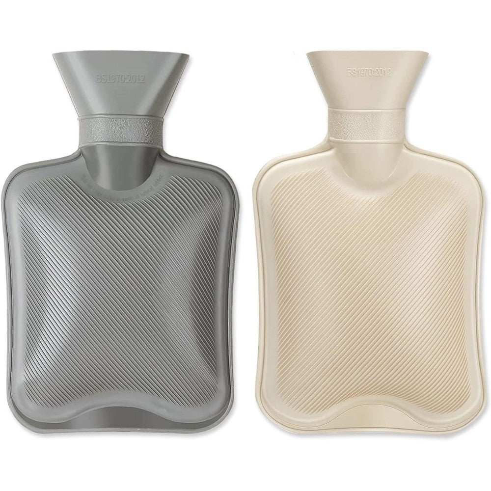 Shencai rubber hot water bottle two pack front view showcasing the ribbed texture and secure screw stopper.