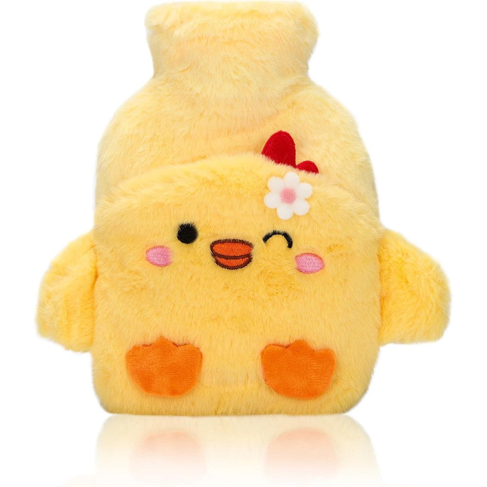 Drizzle duck hot water bottle front view showing the yellow plush knit cover for pain relief therapy.