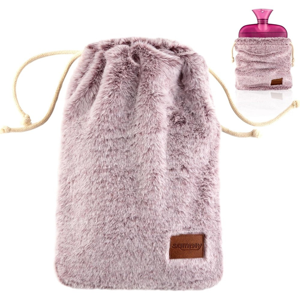 Samply Hot Water Bottle front view with violet soft faux fur cover.