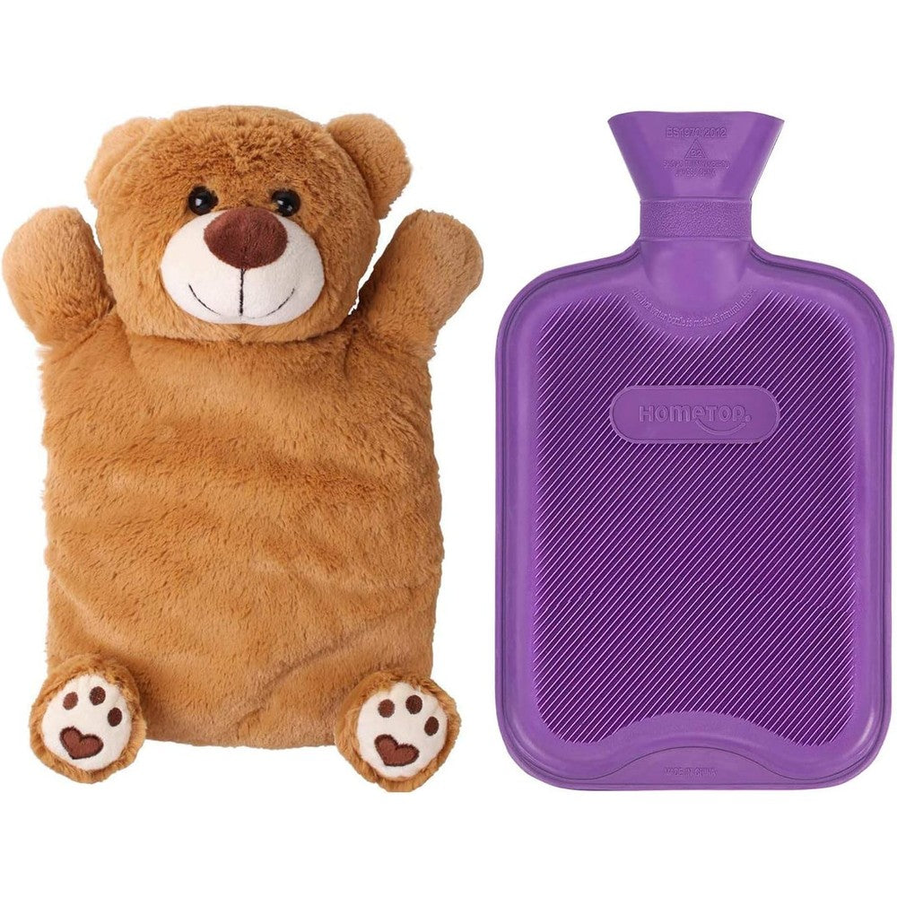 HomeTop Premium Classic Rubber Hot or Cold Water Bottle front view with bear cover