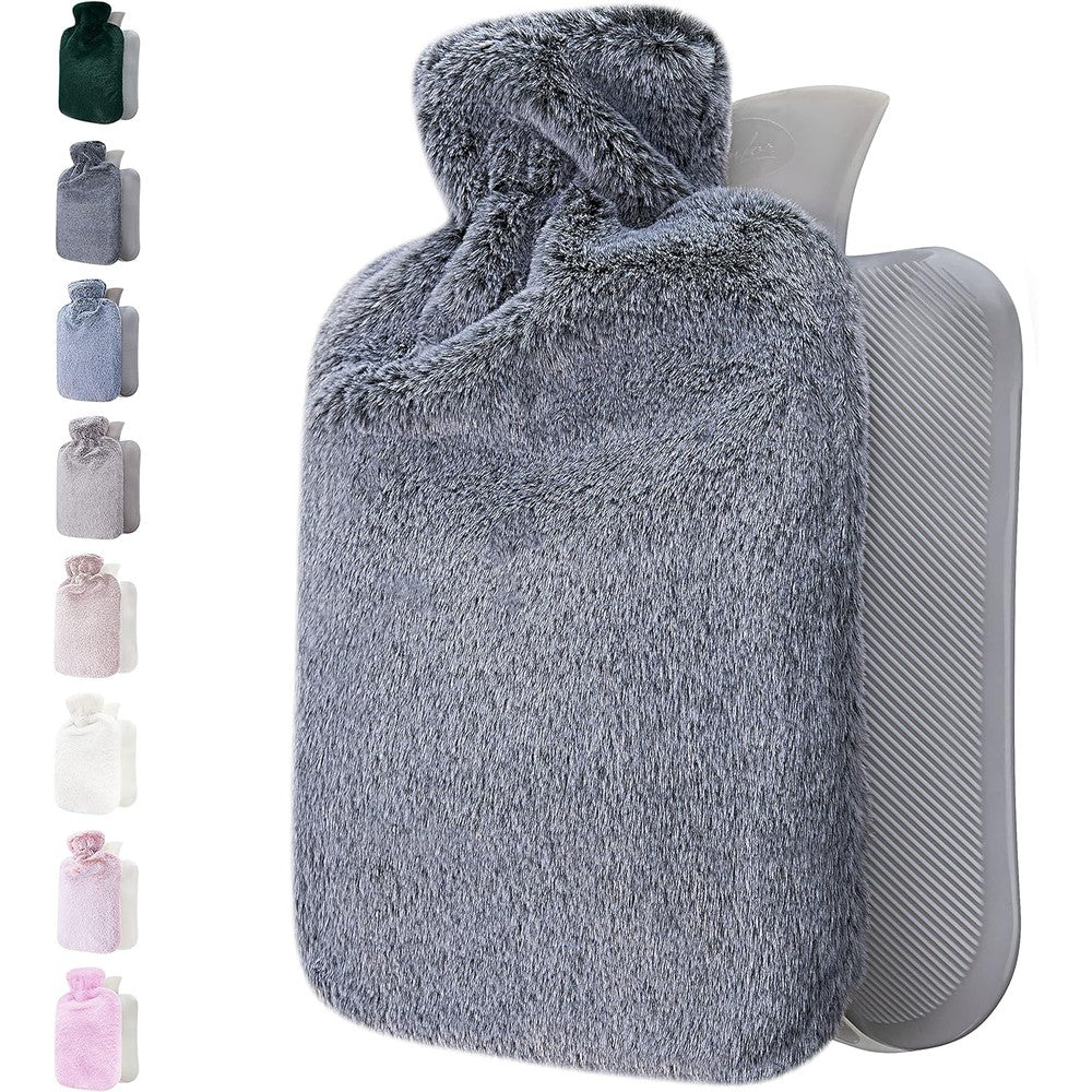 Qomfor hot water bottle with soft dark grey faux fur cover front view