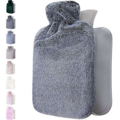 Qomfor hot water bottle with soft dark grey faux fur cover front view