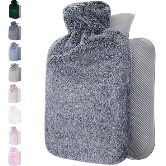 Qomfor hot water bottle with soft dark grey faux fur cover front view