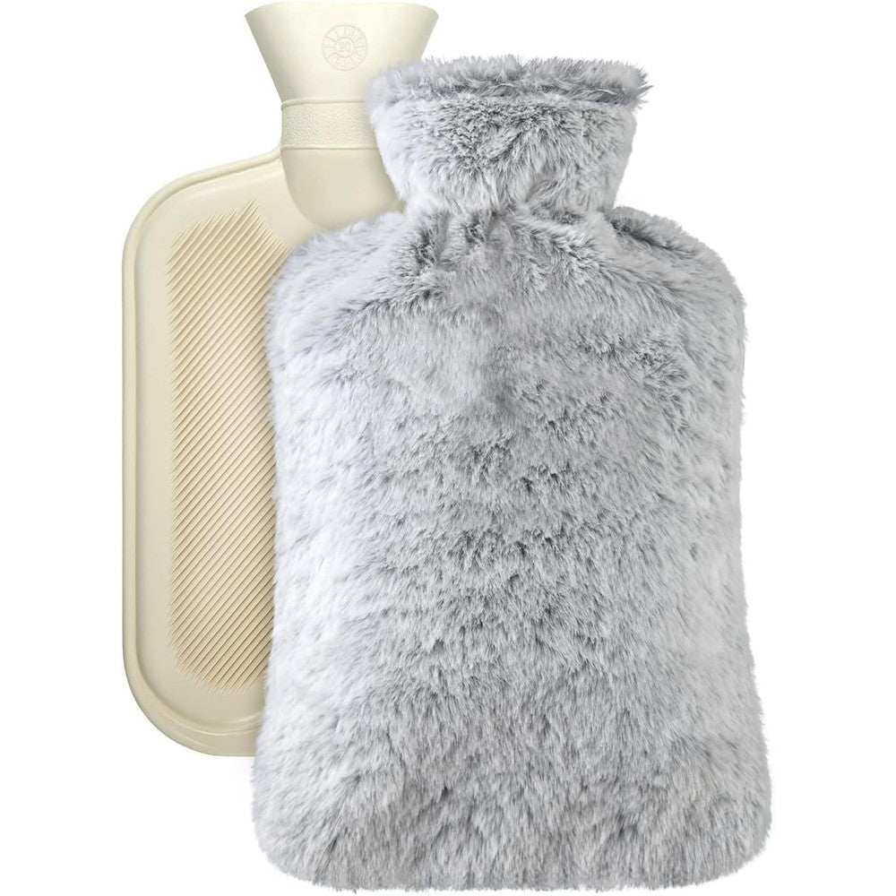 CCMRCQ Large Hot Water Bottle front view with premium grey fleece cover for thermal back pain relief.