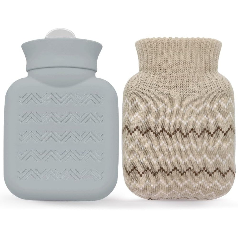Photken silicone mini hot water bottle with beige knitted cover front view for targeted pain relief therapy.