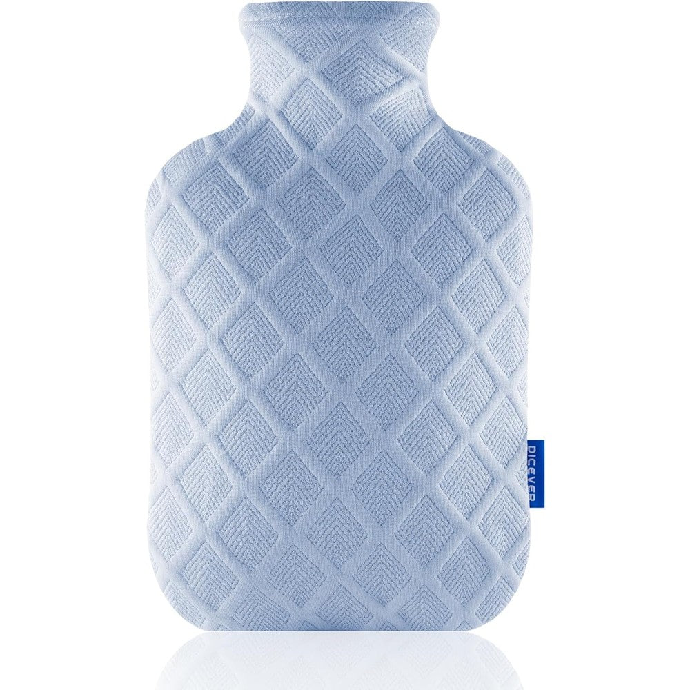 DICEVER Hot Water Bottle with Soft Cover front view in light blue checkered plush fabric.