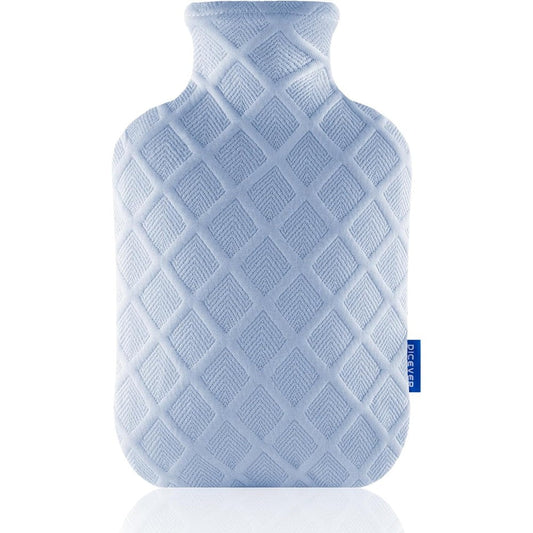 DICEVER Hot Water Bottle with Soft Cover front view in light blue checkered plush fabric.