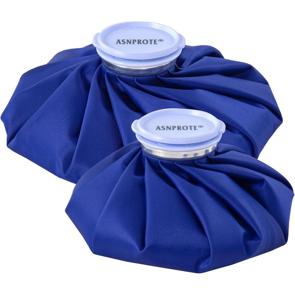 ASNPROTE reusable fabric ice bags front view showing deep blue material and white screw top cap
