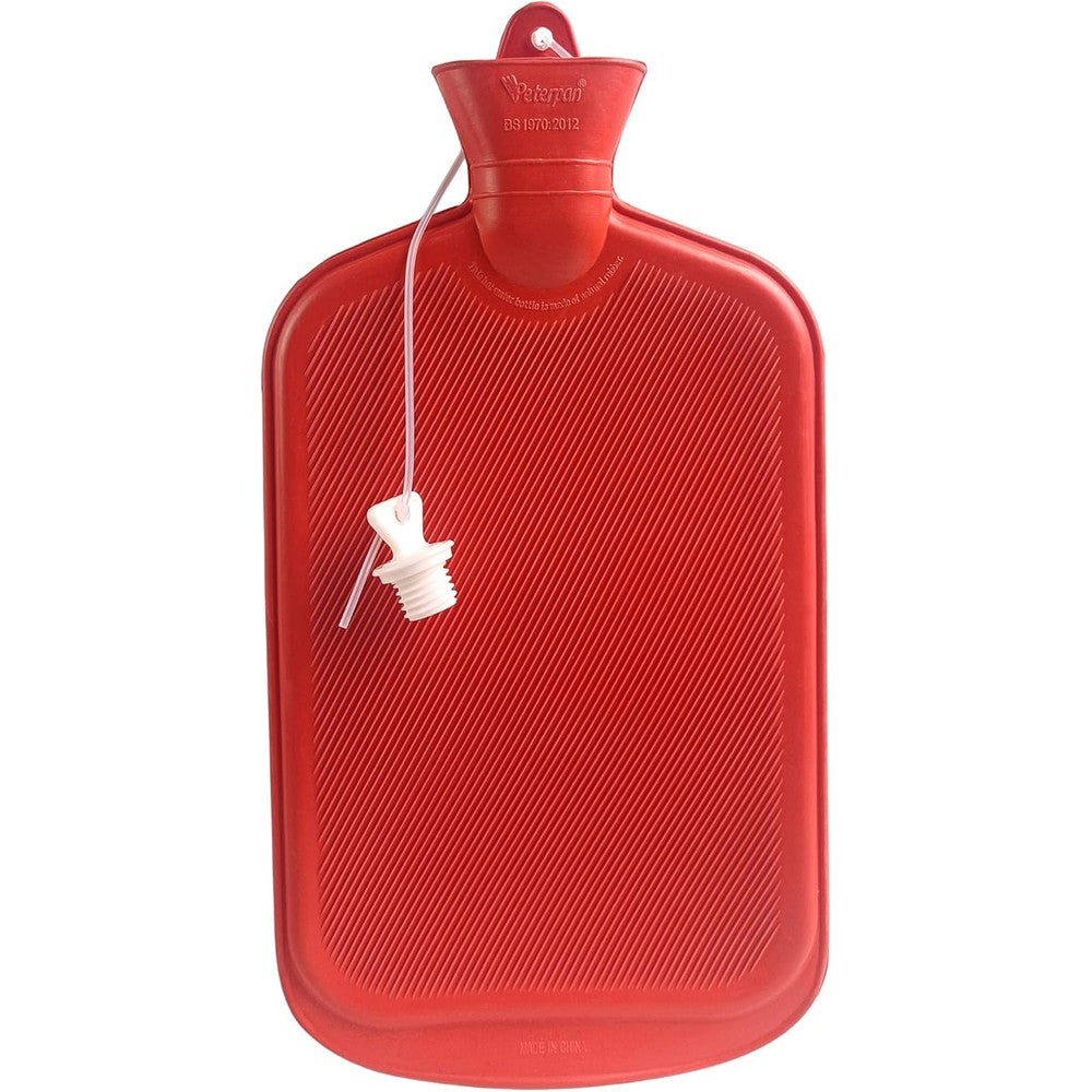 Peterpan Oversized Rubber Hot Water Bottle front view showing red ribbed texture and silicone cap lanyard.