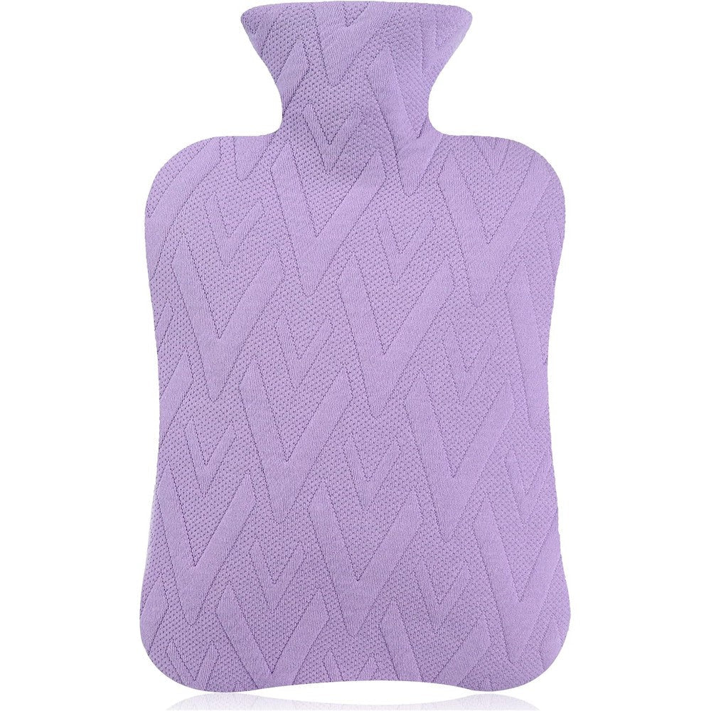 Samply hot water bottle with light purple knitted cover front view for pain relief
