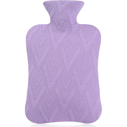 Samply hot water bottle with light purple knitted cover front view for pain relief