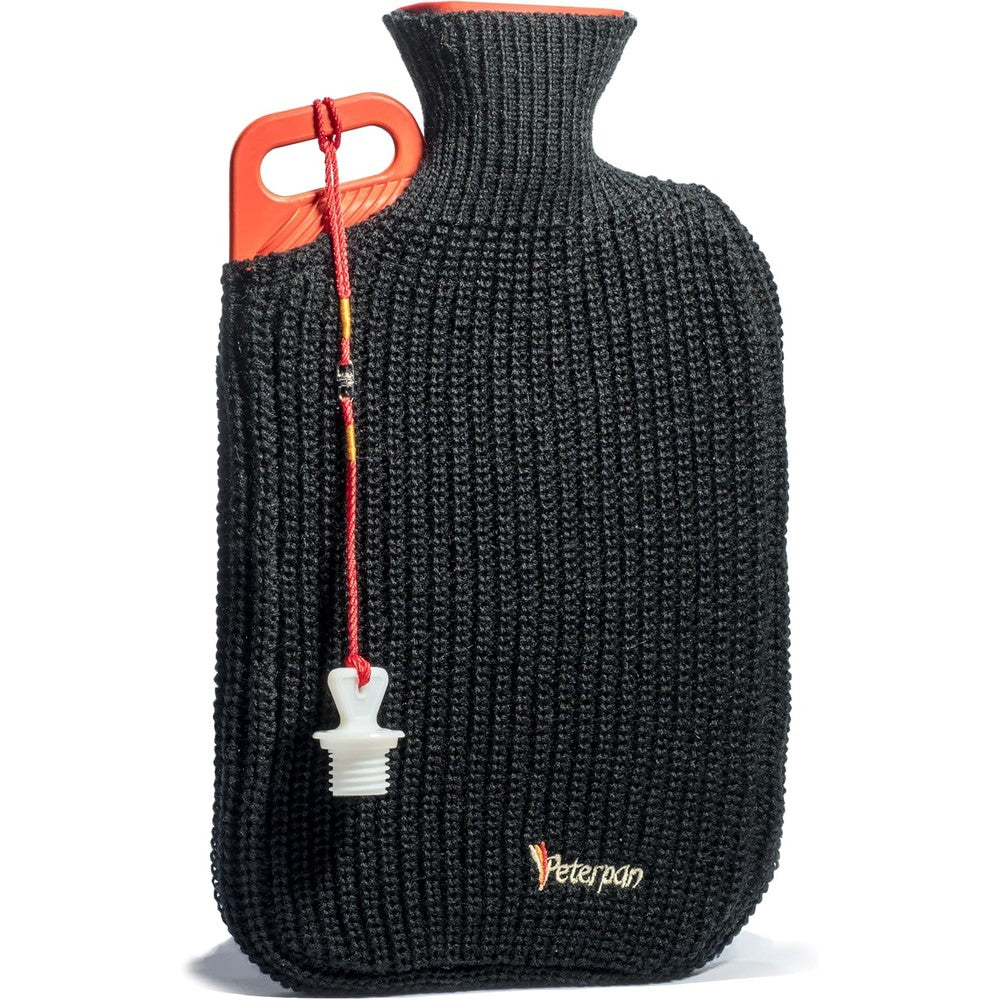 Peterpan rubber hot water bottle front view with black knitted cover and red handle