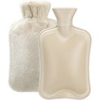 Fythao classic rubber hot water bottle with beige plush cover front view for menstrual cramp relief